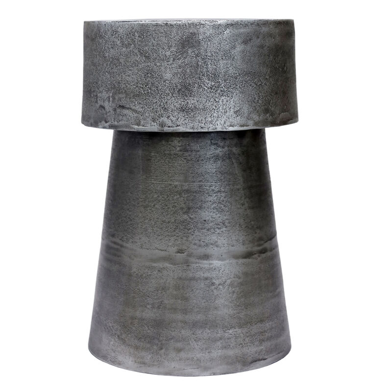 Vintage 23.6 Inch Accent Side Table, Round Top, Antique Silver Cast Aluminum Drum Base