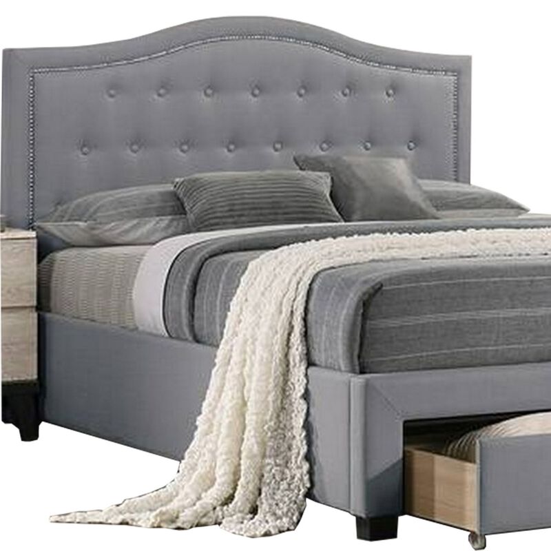 Buk Upholstered Tufted Queen Bed with Storage, Nailhead Trim, Gray Burlap  - Benzara