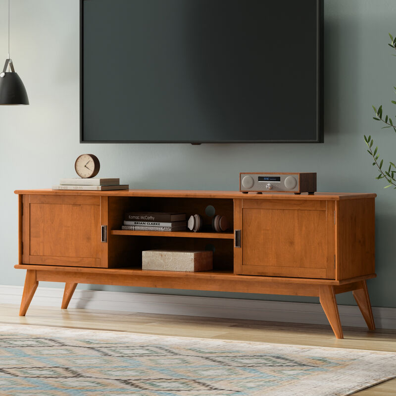 Draper SOLID HARDWOOD 72 inch Wide Mid Century Modern TV Media Stand in Teak Brown For TVs up to 80 inches