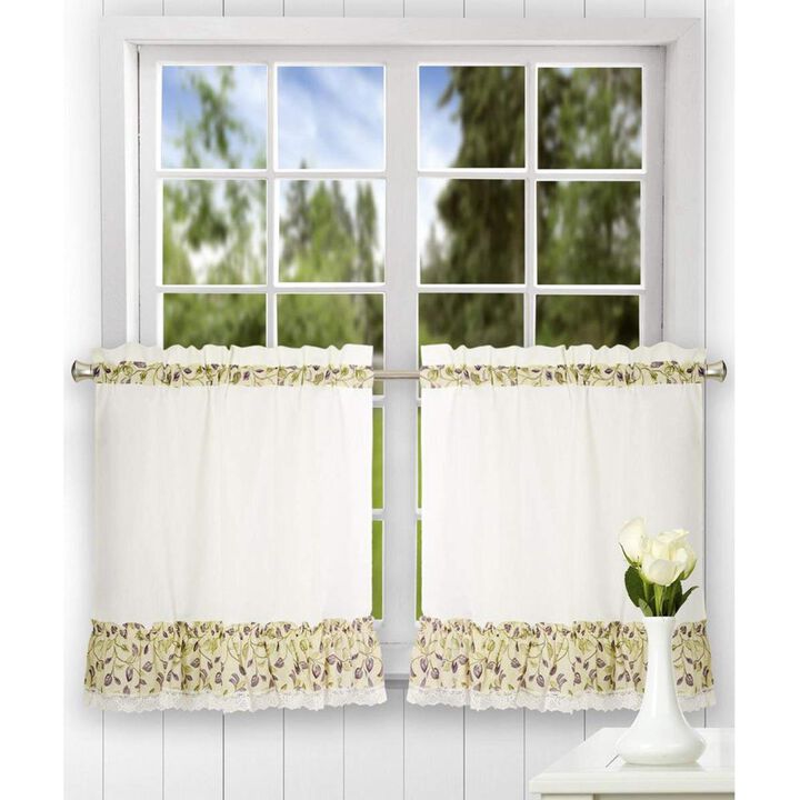 Ellis Curtain Clarice High Quality 2-Piece Leafy Branch Patterned Ruffled Tier Pair Window Curtains - 58 x24" Violet