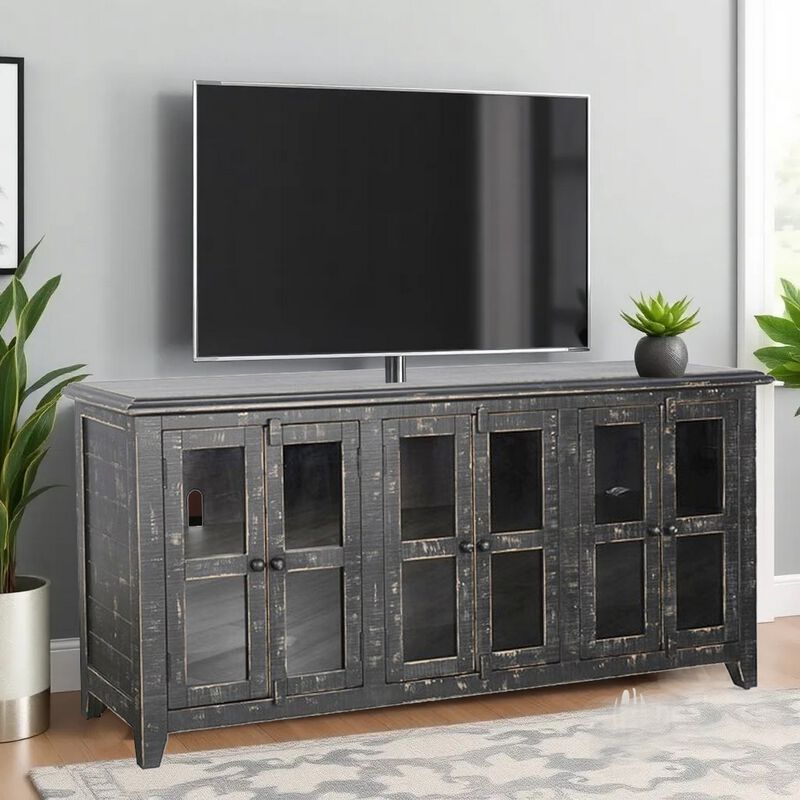 Rena TV Media Entertainment Console with Shelves, 70 Inch Rustic Black - Benzara