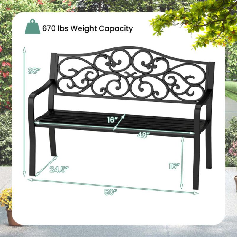 Hivvago 50 Inches Outdoor Cast Iron Metal Patio Bench with Floral Design Backrest and Slatted Seat