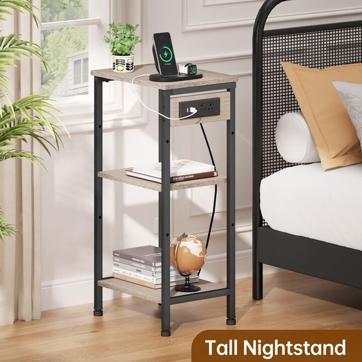 Asgolion Tall End Table with Charging Station, 3 Tier Narrow Beside Table with Adjustable Shelf, Tall Side Table Nightstand for