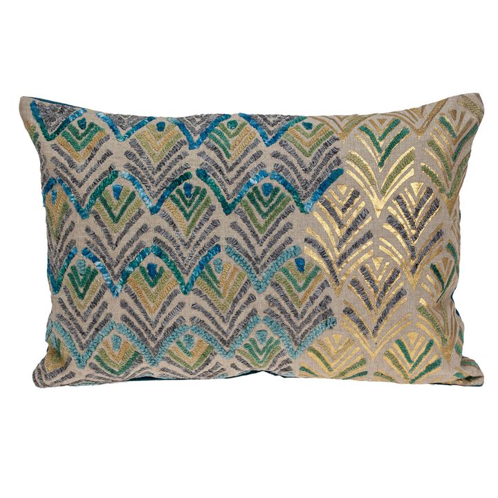 20" Blue and Gold Embroidered Tapestry Rectangular Throw Pillow