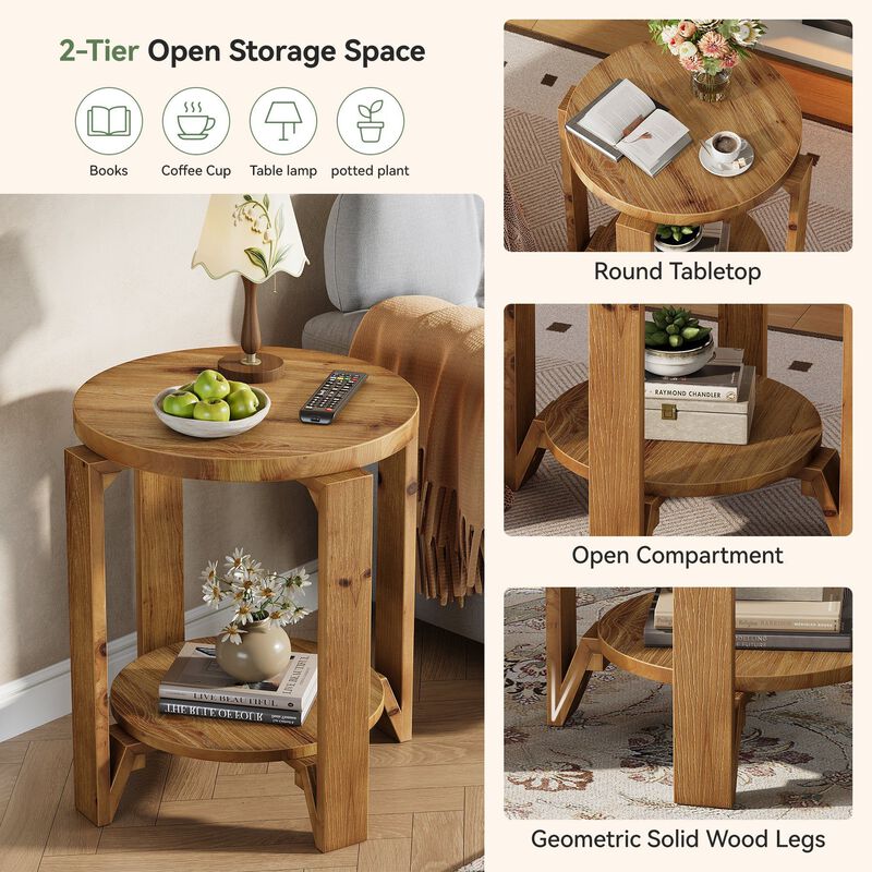 2-Tier Solid Wood Round Sofa Side Table with Storage, End Table Nightstand image number 3