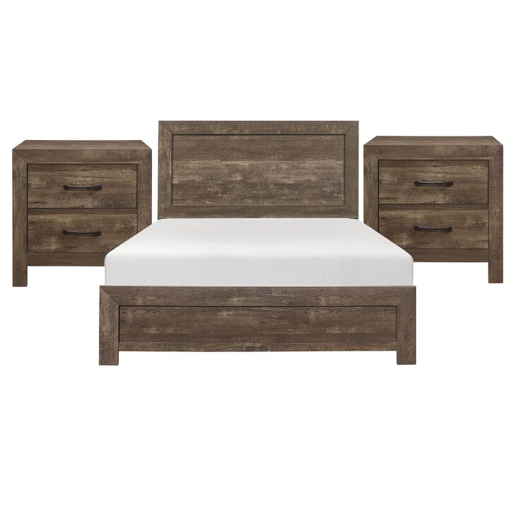 King Size Bedroom Set, Brown Finish, Panel Design, 3-Piece Set with Bed and Two Nightstands