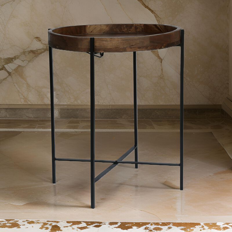 Peo Modern Side End Table, 22 Inch Round Wood Tray, Black Metal Base