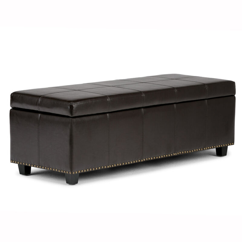 Kingsley 48 inch Wide Transitional Rectangle Large Storage Ottoman in Coffee Brown Faux Leather