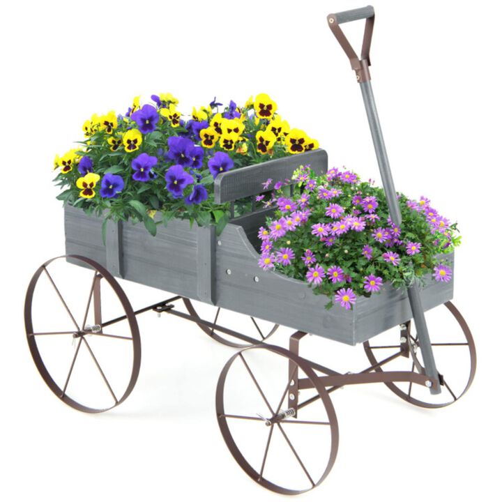 Hivvago Wooden Wagon Plant Bed with Metal Wheels for Garden Yard Patio