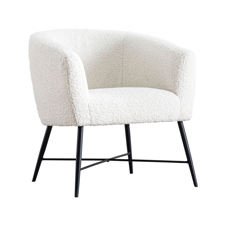 Ino 28 Inch Accent Chair, White Wool Like Fabric, Curved Back, Shelter Arms-Benzara