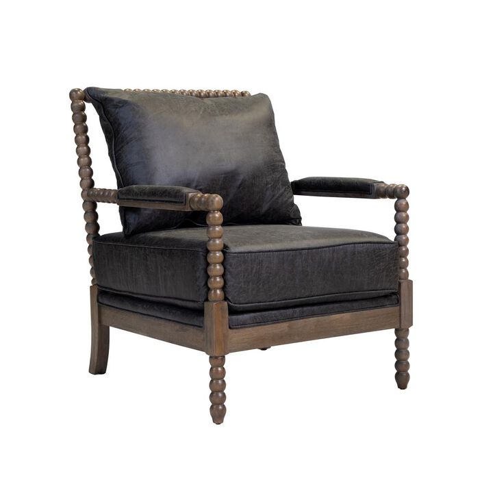 Leatherette Wooden Accent Chair with Beaded Frame, Gray and Brown-Benzara