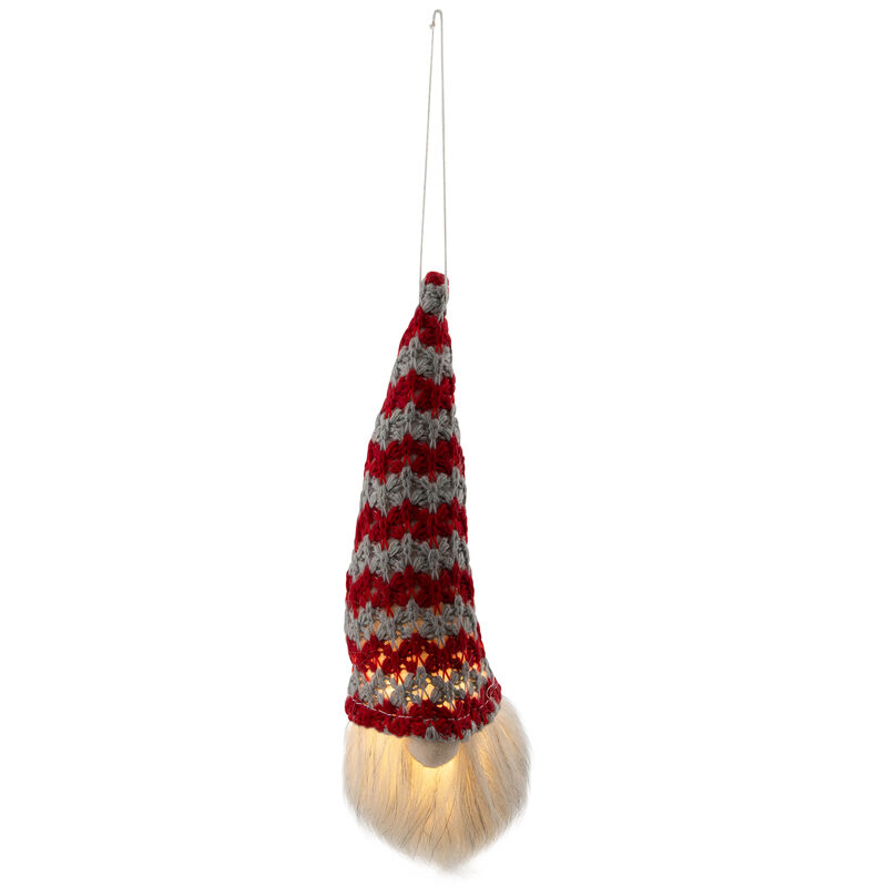 8" Lighted Red and Gray Knit Gnome Head Christmas Ornament image number 0
