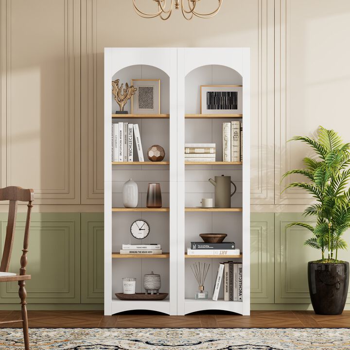 Free Standing 5 Tier Bookshelves, Bookcases Set of 2, Farmhouse Two-Tone Storage Cabinet with Adjustable Shelves, Modern 72"H Kitchen Pantry Cabinet for Living Room, Home Office, White