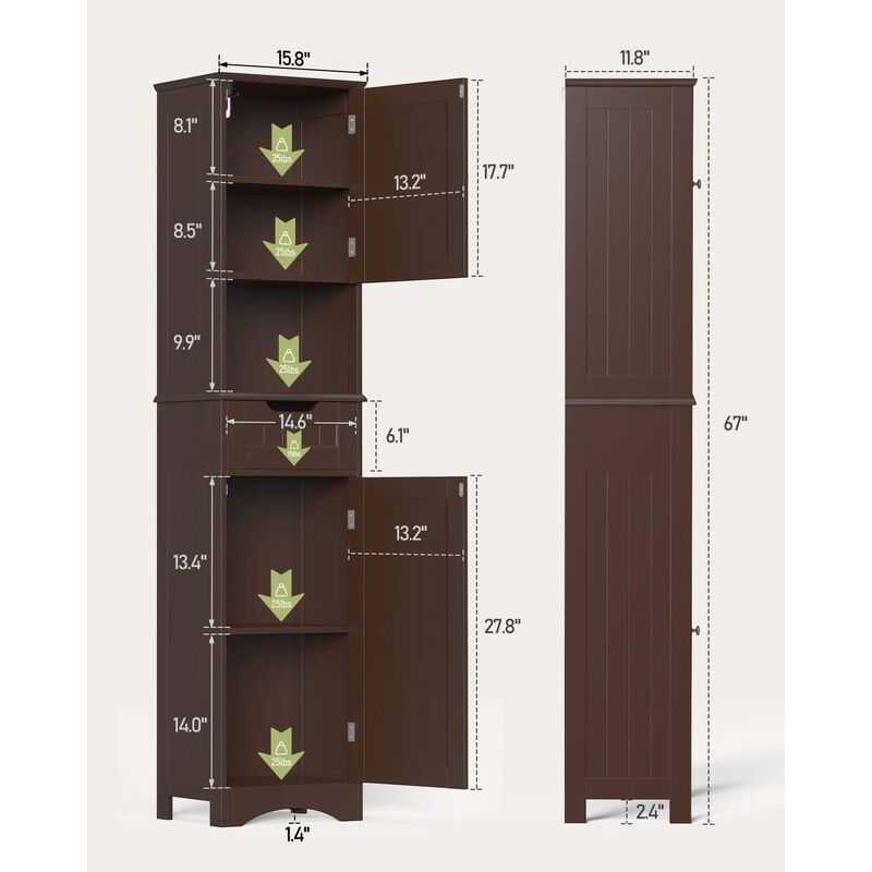 Slim Bathroom Linen Tower with Double Doors, Storage Drawer & Shelf