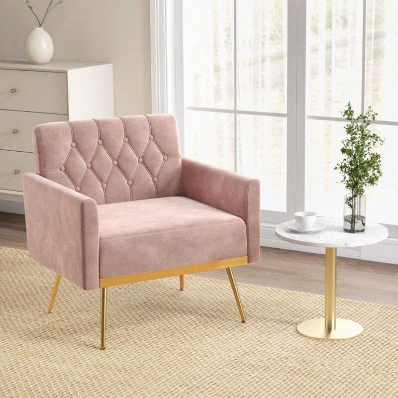 Modern Velvet Accent Chair with Button Tufted Back Golden Metal Legs and Adjustable Foot Pads image number 1