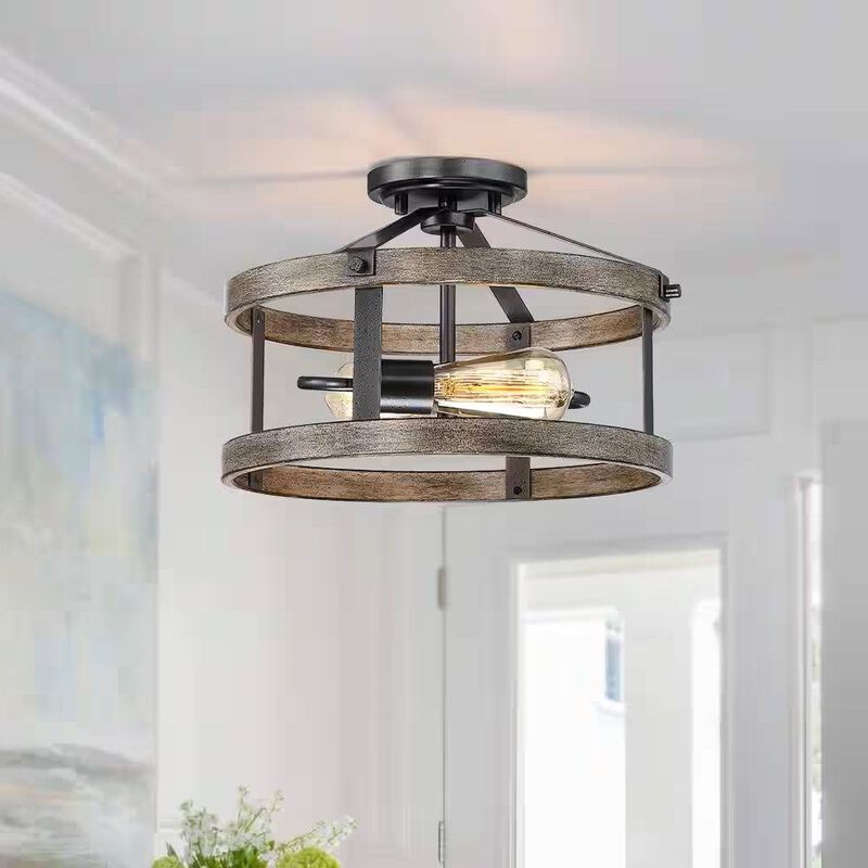 Semi-Flush Mount 2-Light Ceiling Lamp with Round Metal and Wood Farmhouse Design