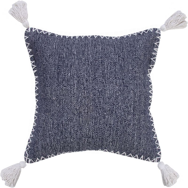 20" Blue and White Stonewash Embroidered Edge Square Throw Pillow with Tassels image number 0