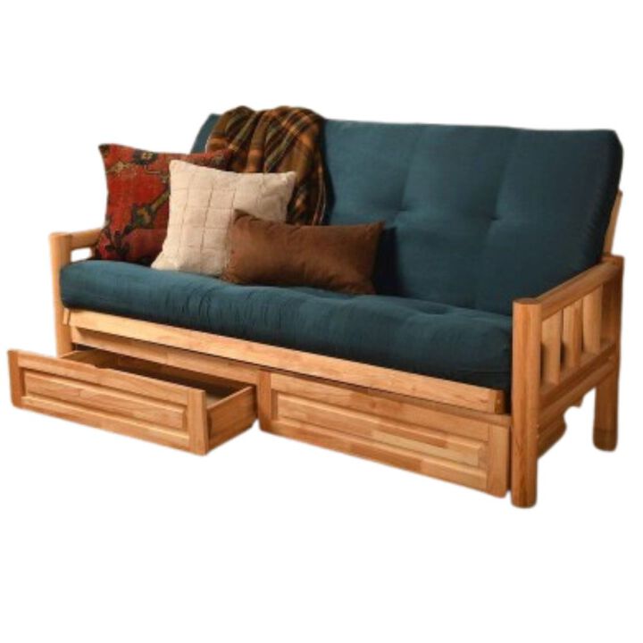 Lodge Frame-Natural Finish-Suede Navy Mattress-Storage Drawers