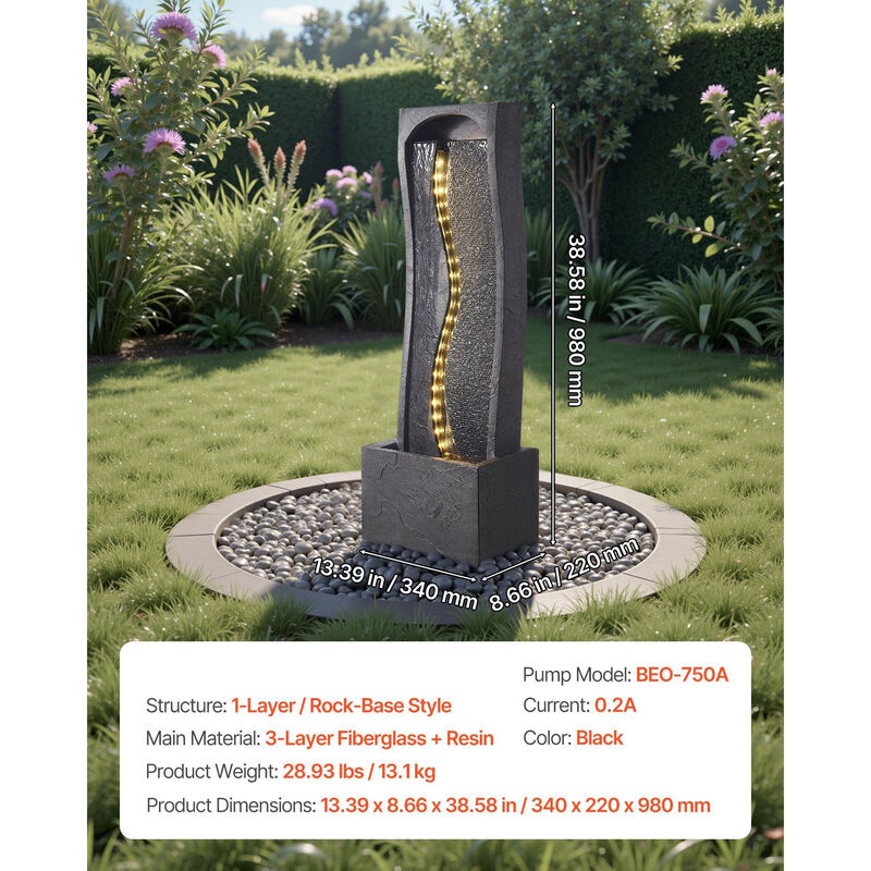 1-Tier Outdoor Water Fountain with LED Light, Rock Base Floor Design for Garden Patio image number 2