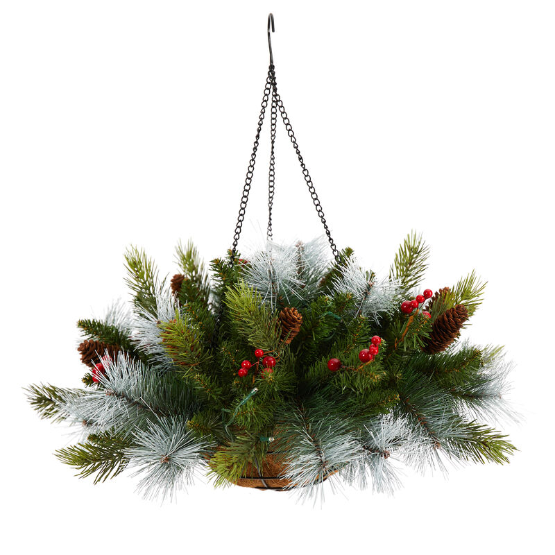 Hivvago 24" Holiday Pre-Lit (30 LED Lights) Pine and Berries Artificial Christmas Hanging Basket, Indoor Outdoor Patio Porch Decor