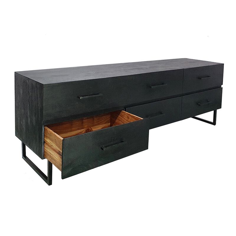 87 Inch Sideboard Cabinet, 6 Drawers, Iron Legs and Handles, Wood, Black