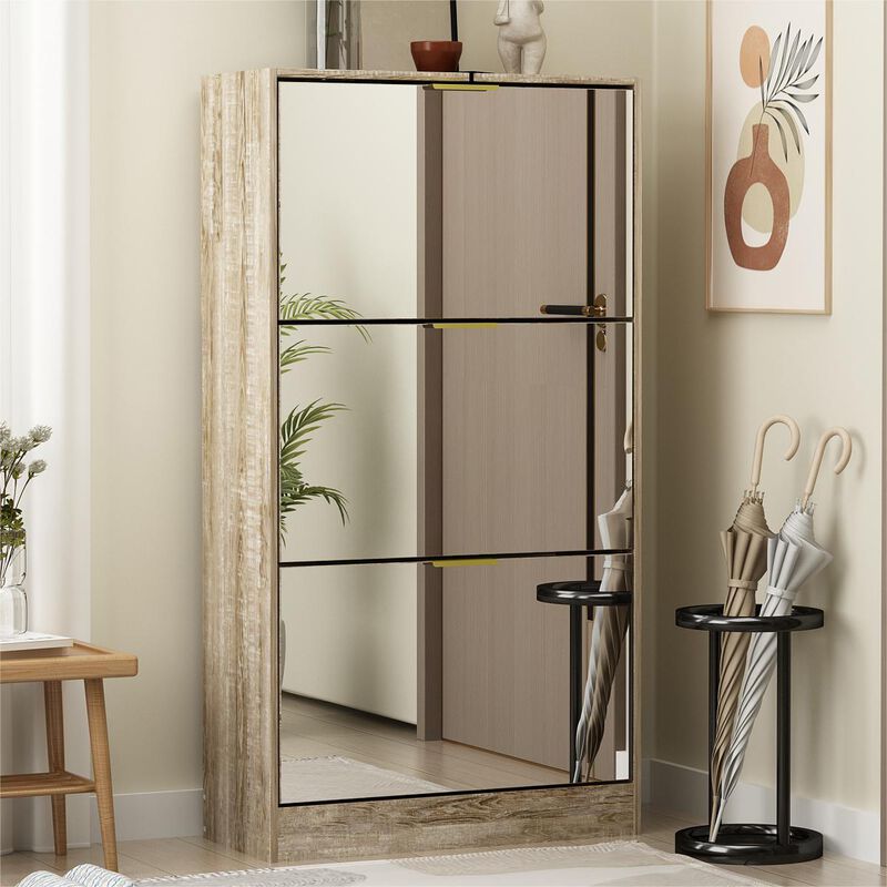 Modern Shoe Storage Cabinet with 3 Drawers & Mirror, Wood 3-Tier Shoe Rack Organizer for Entryway, Bedroom & Hallway (22.4&rdquo;W x 9.6&rdquo;D x 42.1&rdquo;H)