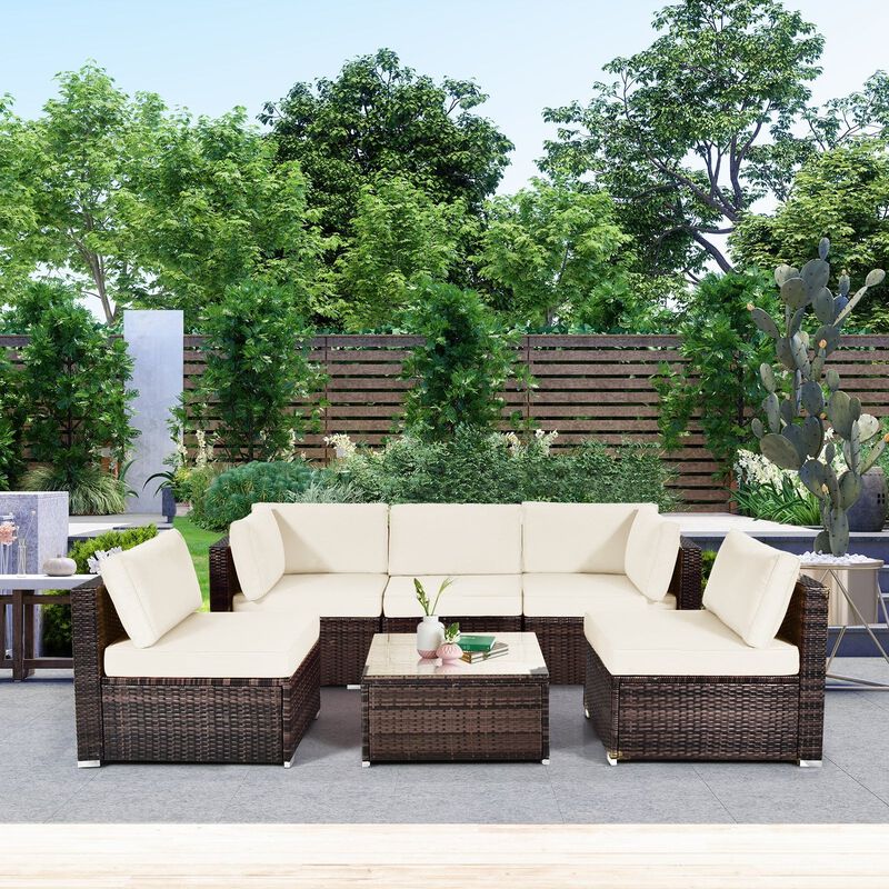 Mondawe Modular 7-Pcs Design PE Rattan Sofa Set,With 50K BTU Fire Pit & Detachable Cushions Chair