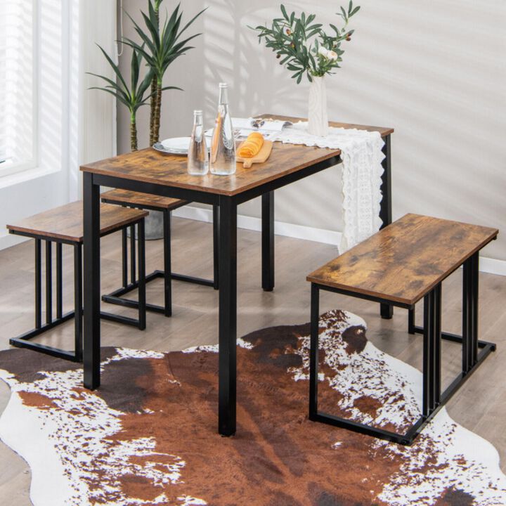 Hivvago 4 Pieces Industrial Dining Table Set with Bench and 2 Stools-Brown