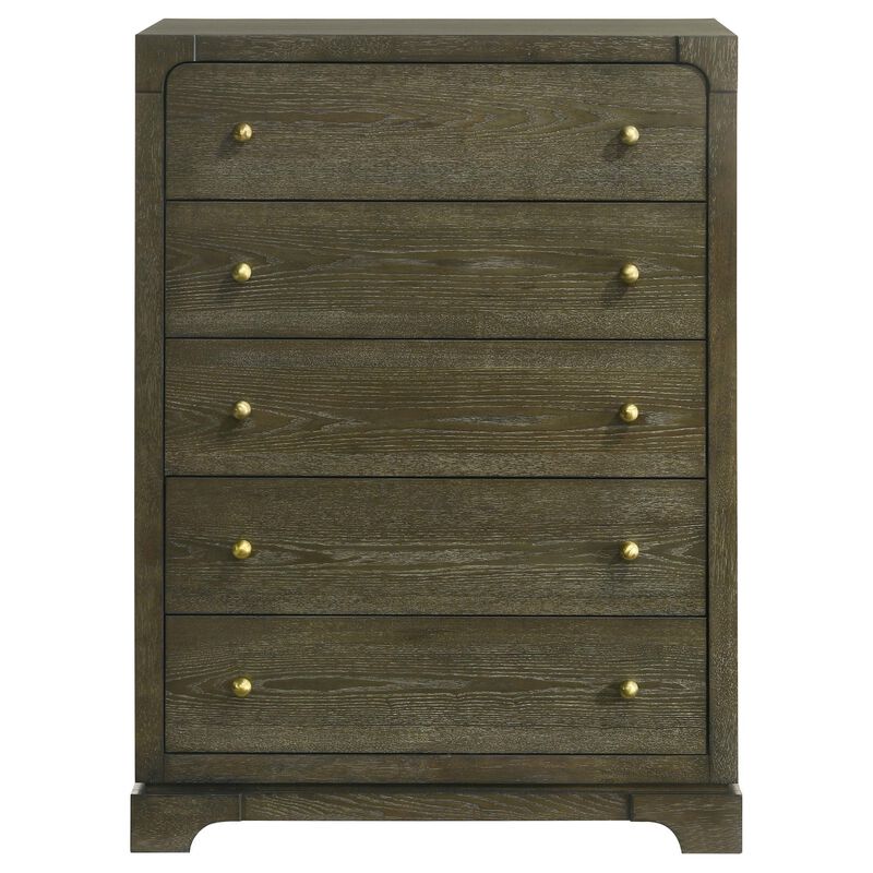 Seon Tall Dresser Chest, 5 Drawers with Brass Knobs, Dark Cocoa Brown - Benzara