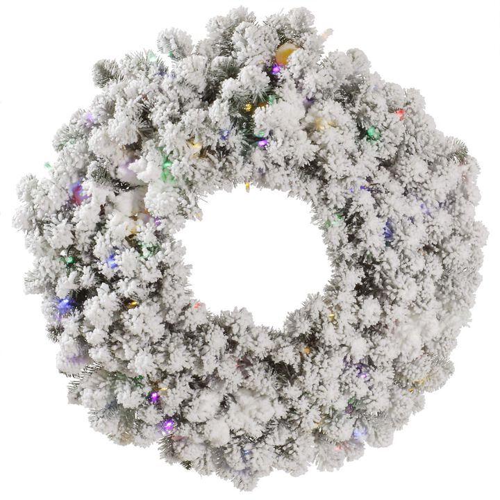 Vickerman 30" Flocked Kodiak Spruce Artificial Christmas Wreath, Multi-Colored LED Lights - Faux Snowy Christmas Wreath - Indoor Seasonal Home Wall Decor