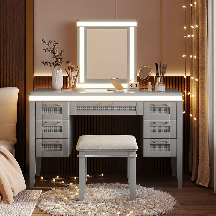 Merax LED Vanity Table with 7 Drawers & 3 Lighting Modes &ndash; Bamboo Weave Design, Cushioned Stool
