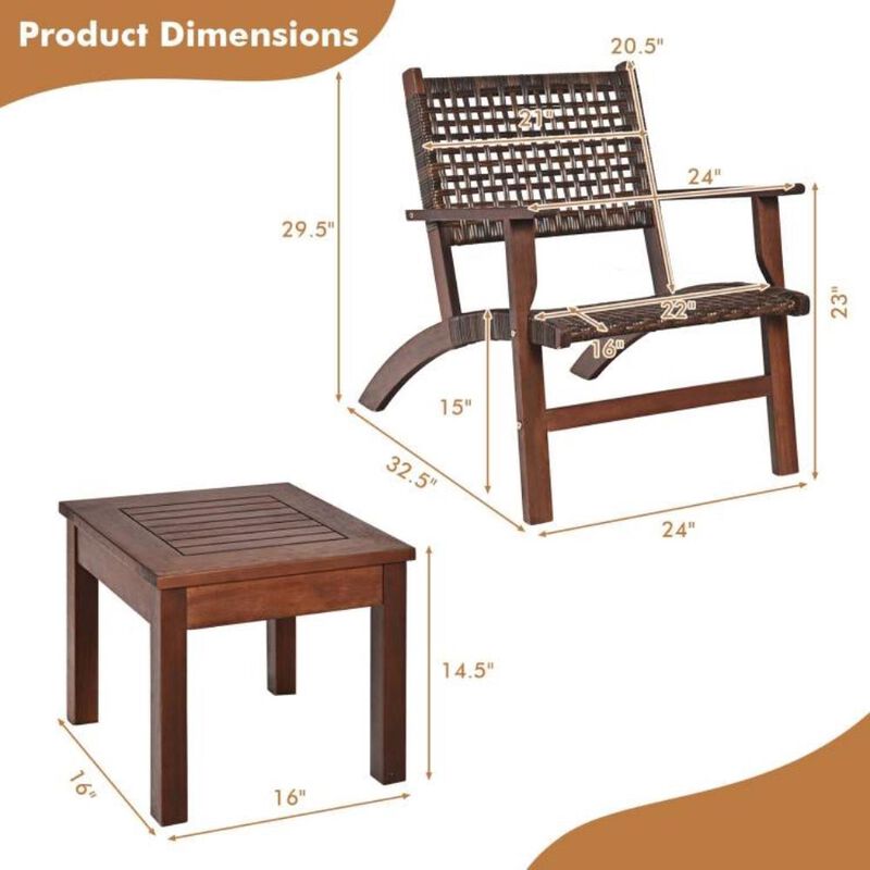 Hivvago 3 Piece Wooden Rattan Outdoor Patio Furniture Chair Table Bistro Set