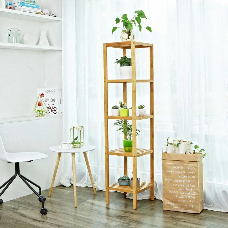 Hivvago Brown Bamboo Wood 4-Shelf Versatile Storage Unit Rack Narrow Bookcase image number 2