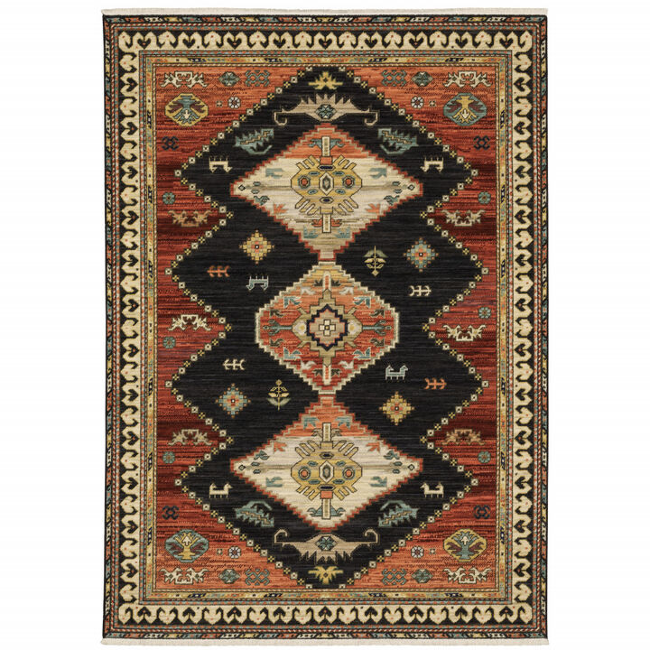 2 X 3 charcoal Brown Orange Salmon gold Navy Ivory And Pale Blue Oriental Power Loom Stain Resistant Area Rug With Fringe