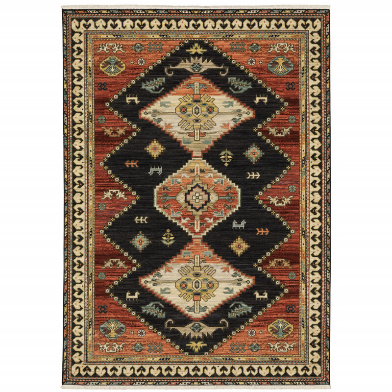 2 X 3 charcoal Brown Orange Salmon gold Navy Ivory And Pale Blue Oriental Power Loom Stain Resistant Area Rug With Fringe image number 0