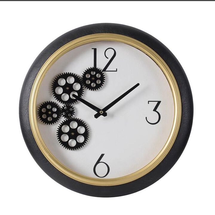 HomeRoots 16" Black Gold And White Faux Leather And Iron Analog Exposed Gear Round Wall Clock