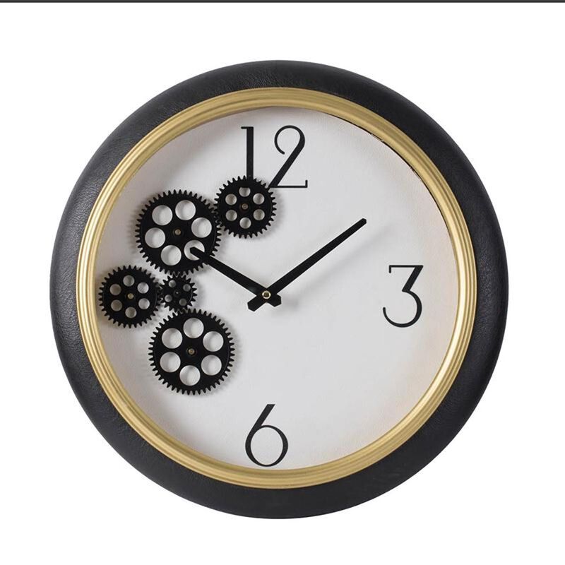 HomeRoots 16" Black Gold And White Faux Leather And Iron Analog Exposed Gear Round Wall Clock image number 0