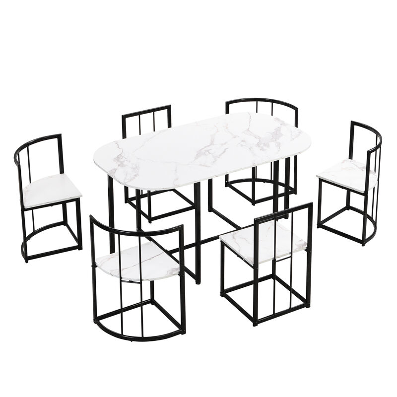 Modern 7-Piece Dining Table Set with Faux Marble Compact 55Inch Kitchen Table Set for 6, Black+White
