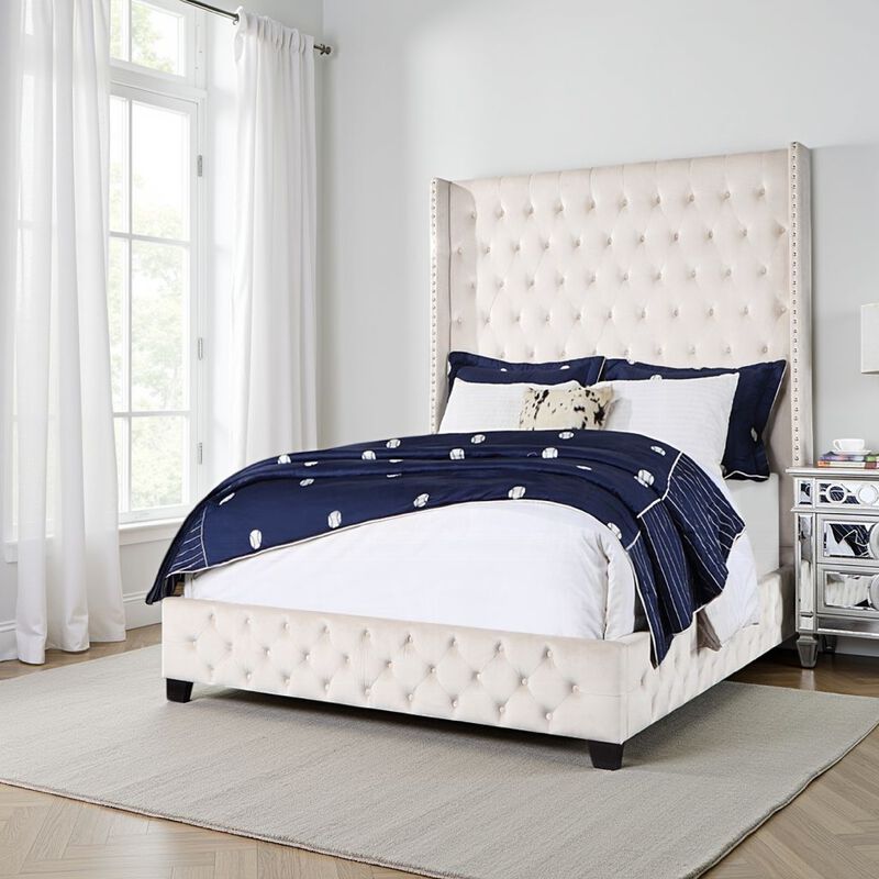 Daisy Wood Modern Queen Size Bed, Wingback, Button Tufted, Beige Velvet