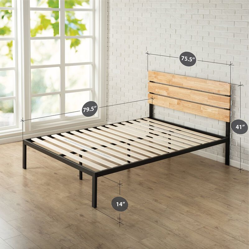 Modern Metal Platform Bed Frame with Wood Headboard and Slats