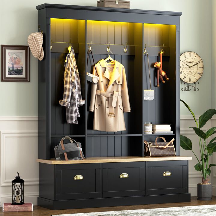 Clihome APP Controlled LED Light Hall Tree Storage Bench with Hooks and 3 Large Cabinets for Hallway