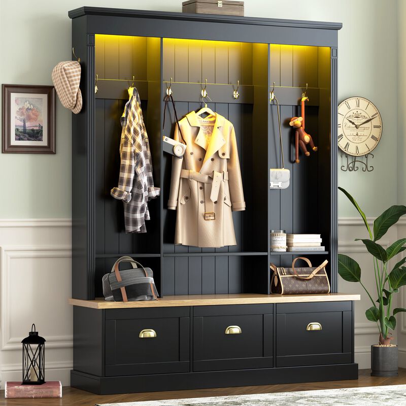 Clihome APP Controlled LED Light Hall Tree Storage Bench with Hooks and 3 Large Cabinets for Hallway image number 1