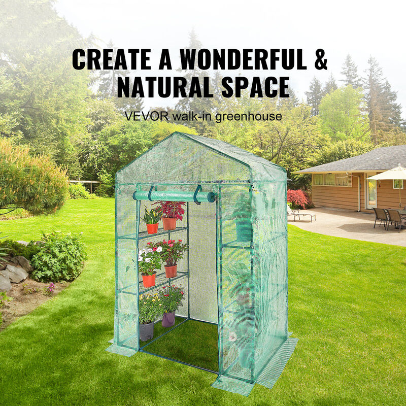 Portable Walk-in Greenhouse with Shelves, Roll-Up Windows, and Heavy-Duty PE Cover
