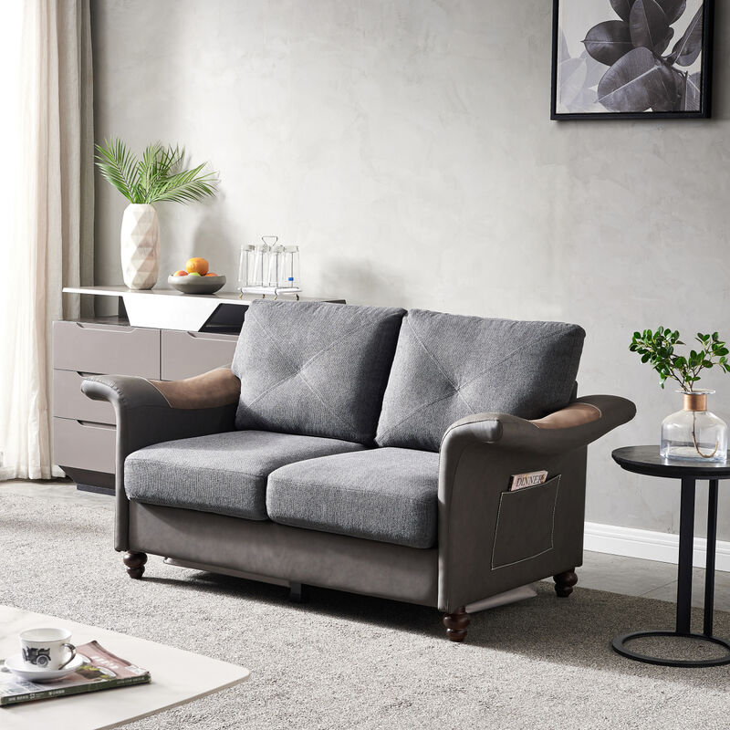 Living Room General Use Linen Fabric PU Leather with Wood Leg Loveseat (Dark Grey)