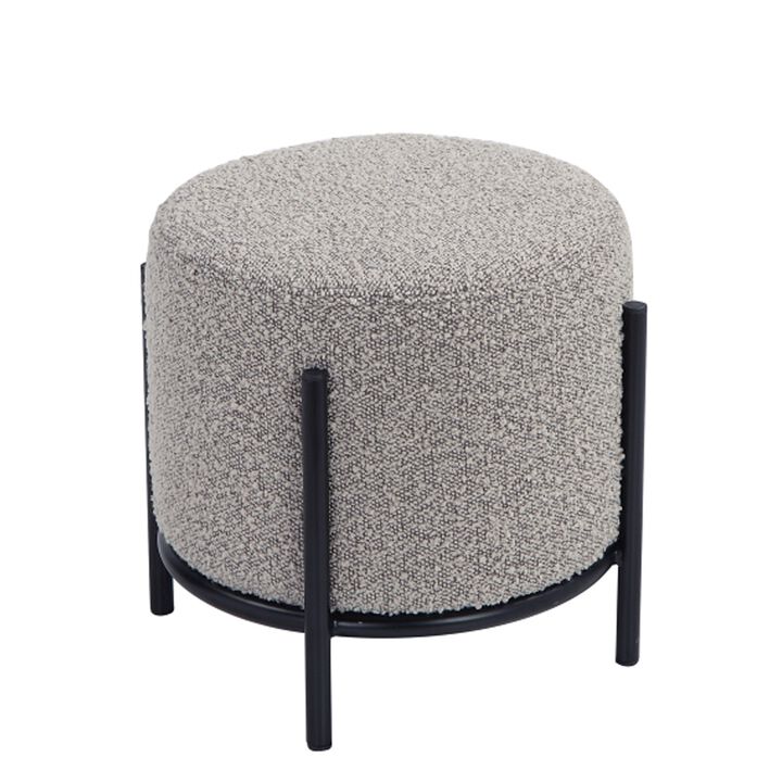 Aop 13 Inch Boucle Ottoman Stool, Round Cushioned Seat, Gray Boucle, Black - Benzara