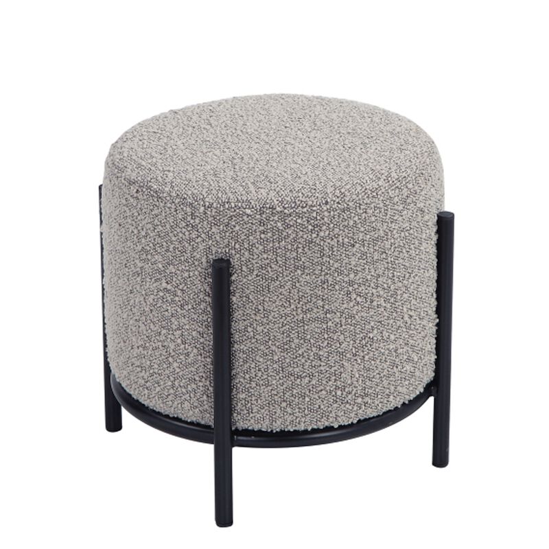 Aop 13 Inch Boucle Ottoman Stool, Round Cushioned Seat, Gray Boucle, Black - Benzara