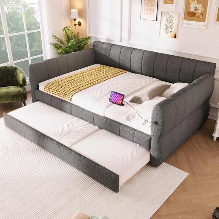 Merax Queen Size Gray Lambswool Upholstered Daybed with USB Charging