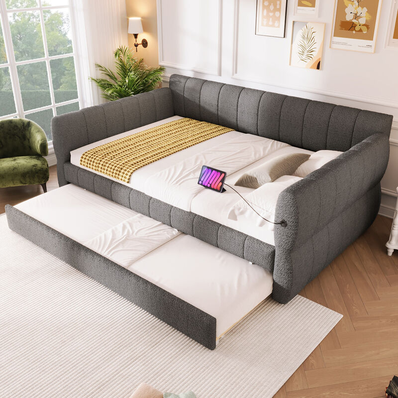 Merax Queen Size Gray Lambswool Upholstered Daybed with USB Charging image number 1