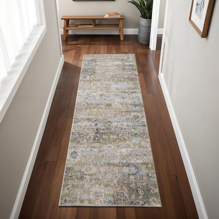 HomeRoots 8' Green Ivory And Blue Floral Distressed Runner Rug