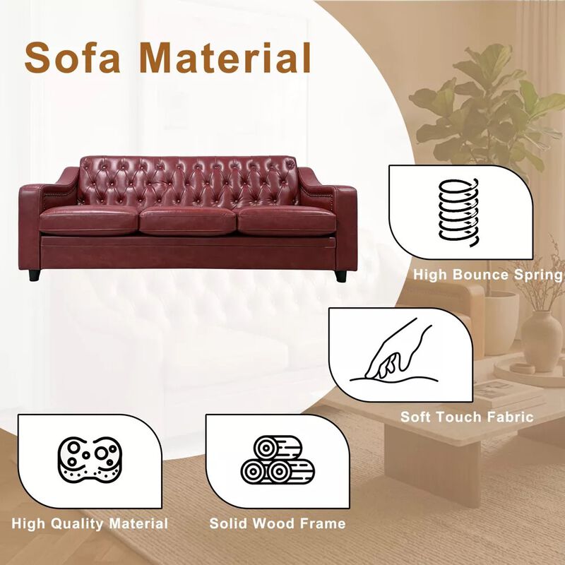 Vipbear 78.7" Chesterfield Faux Leather Sofa, 3 Seater Brown PU Couch Nailhead Trim for Living Room image number 2